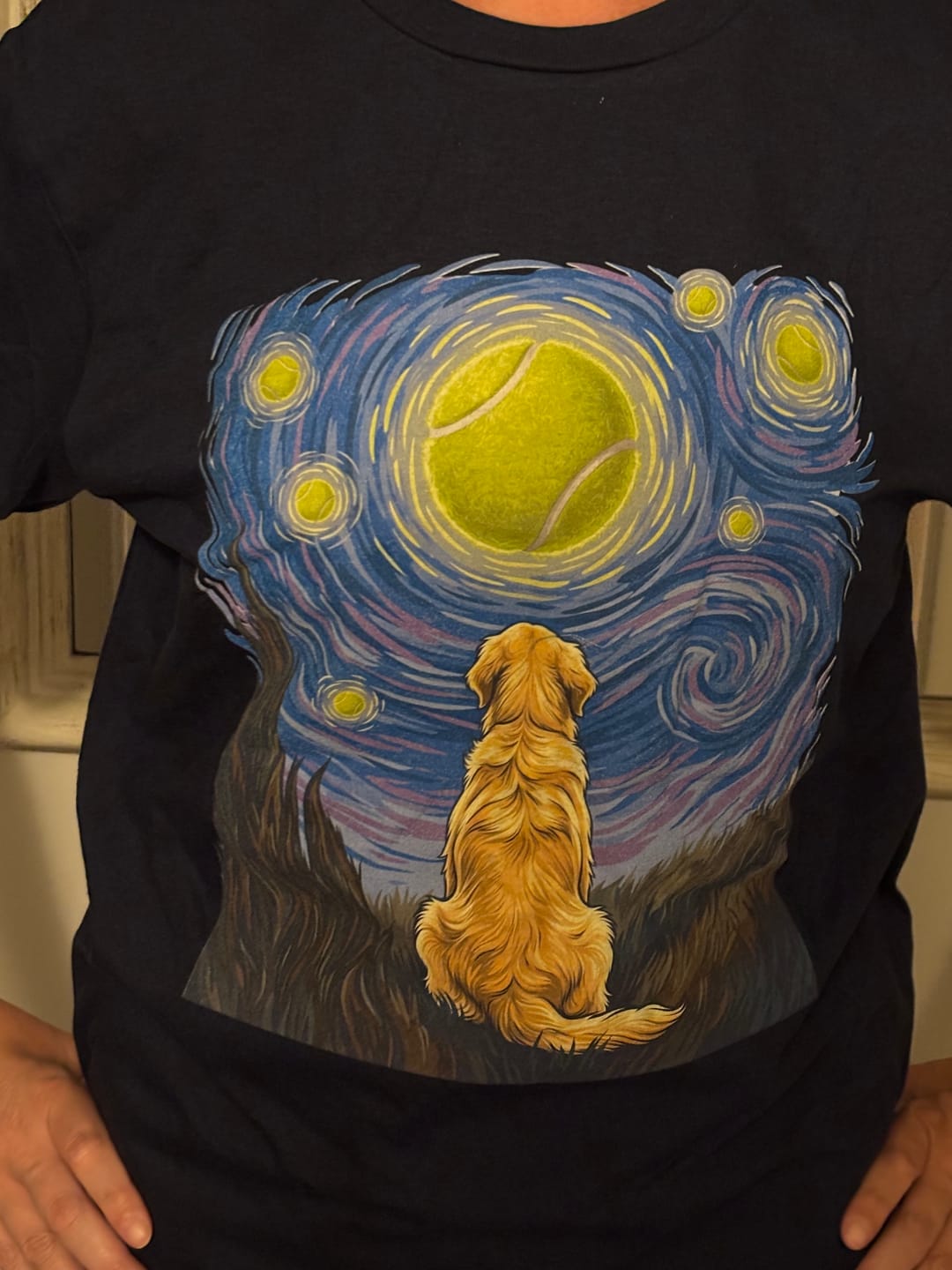 Customer photo review of Starry Night Golden Retriever T-shirt