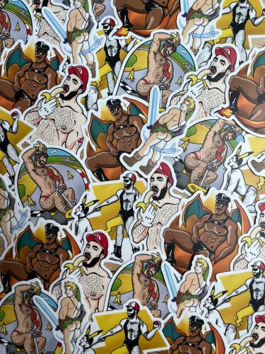 Customer's collection of custom vinyl stickers featuring colorful illustrated parodies of male video game characters.