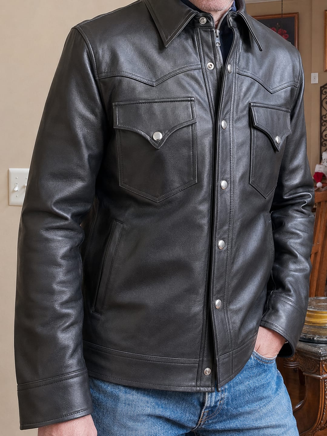 Customer photo review of Slugger Matte Black Trucker Leather Jacket For Men