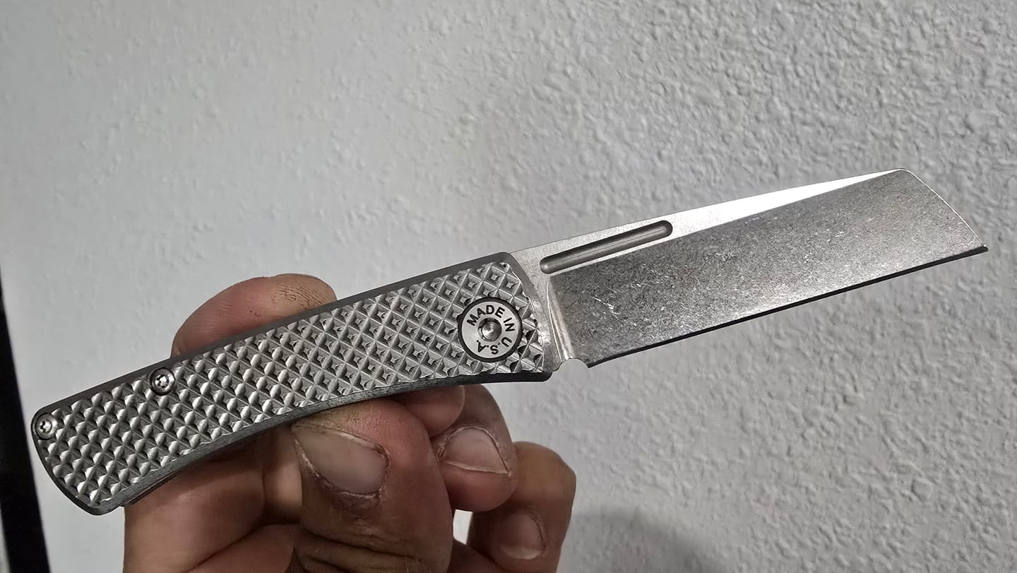 Customer photo review of ABW Slip Joint 2.25" – Diamond Milled Titanium, MagnaCut Stonewash Wharncliffe – Made in USA