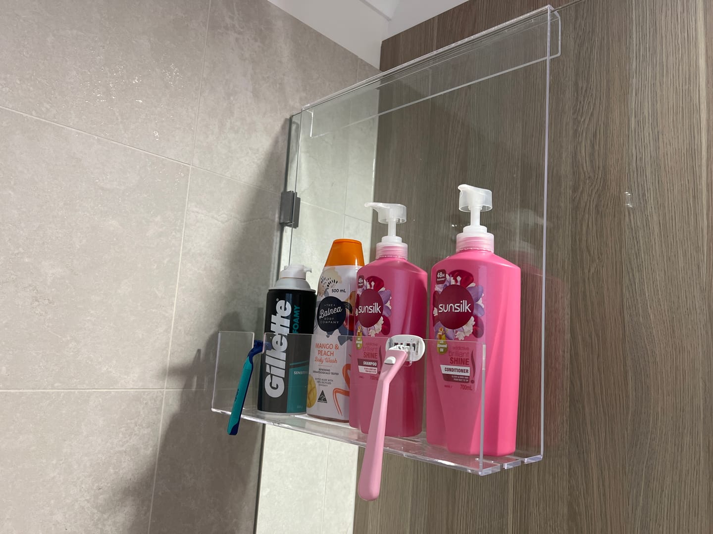 Customer photo review of Clear Acrylic Shower Shelf