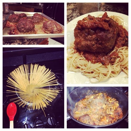Customer's photo collage showing Halal Beef Ground Meat being prepared and served as large spaghetti and meatballs.