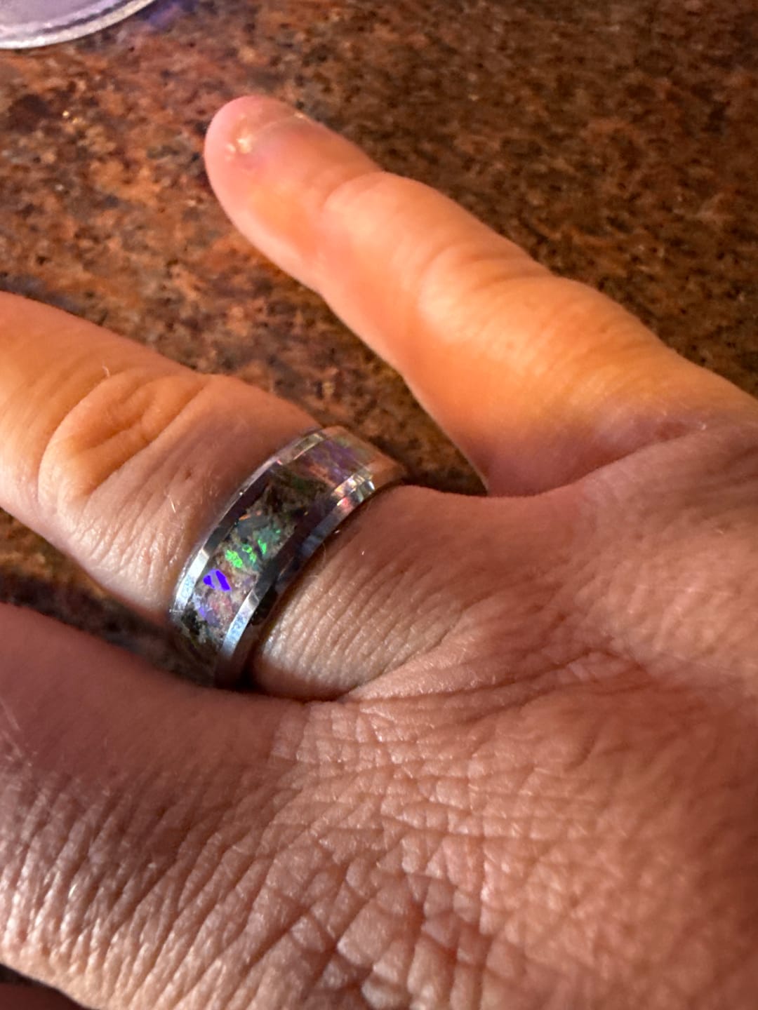Customer photo review of Tungsten Opal Ring with Cremation Ashes