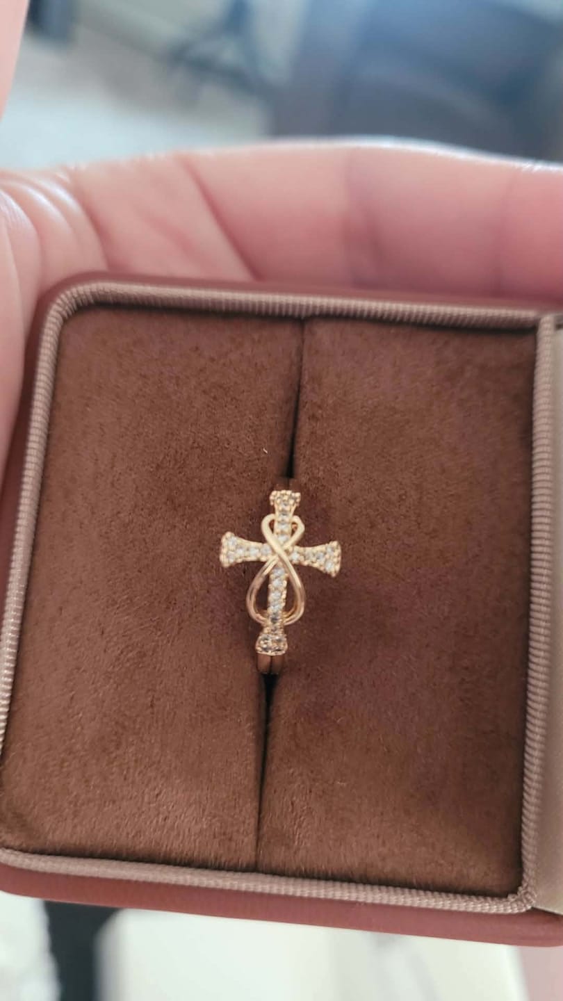 Customer photo review of Christianartworkshop Golden/Silver Mobius Cross Ring: Carry His Grace in Daily Wear
