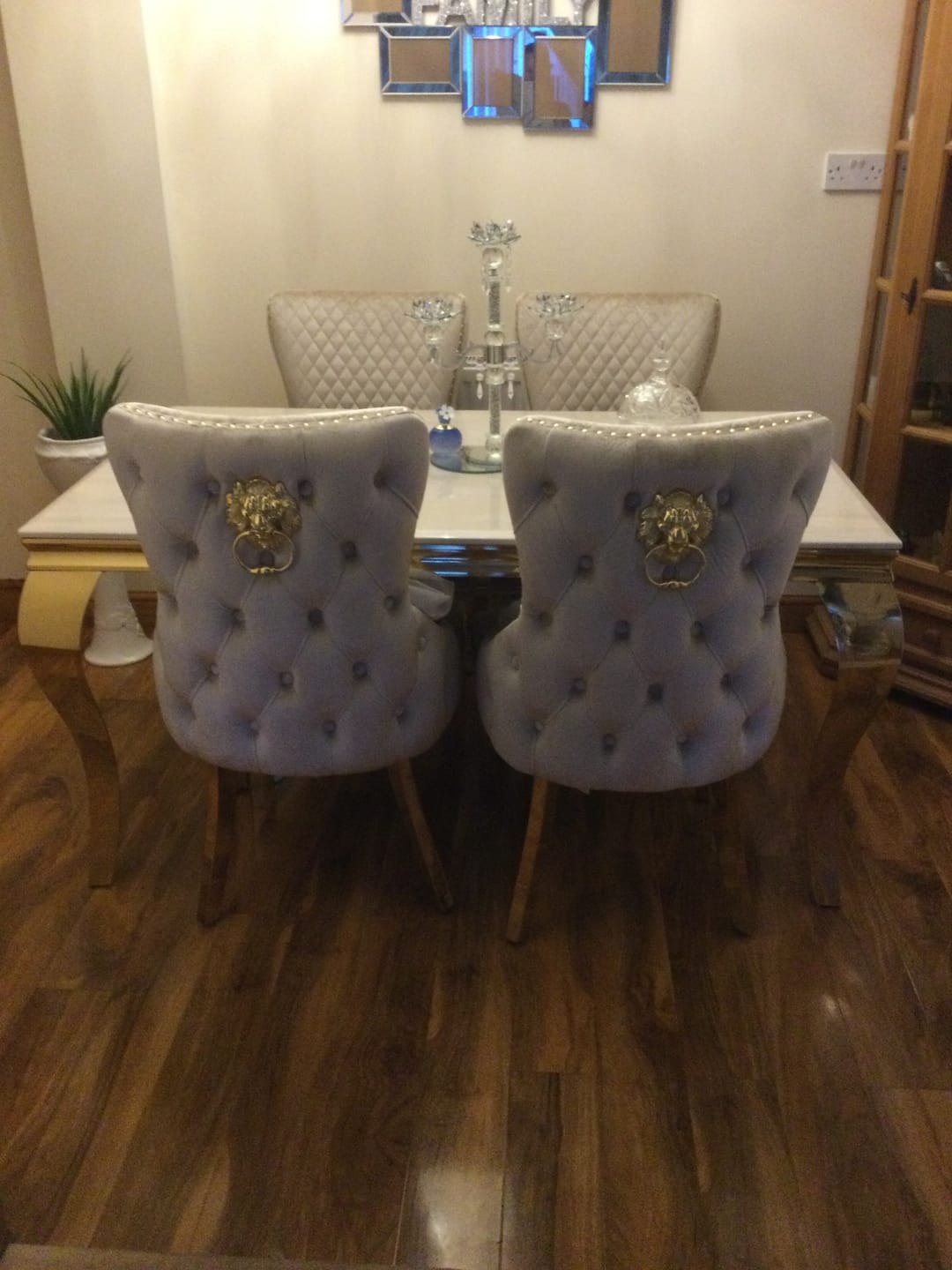 Customer photo review of Louis Marble Gold Dining Set With Victoria Gold Lion or Plain Ring Velvet Knocker Chairs