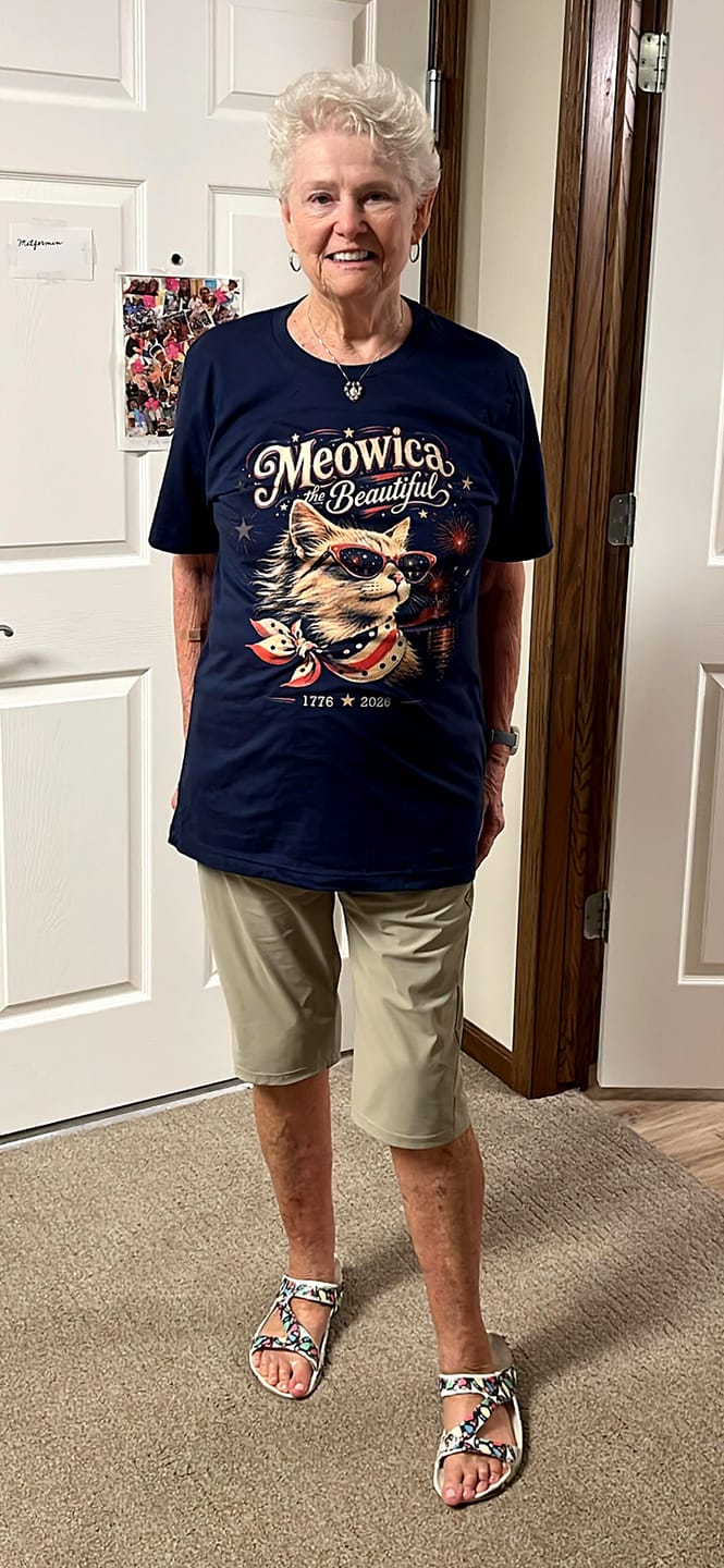 Customer photo review of Meowica the Beautiful | Patriotic Cat T-Shirt