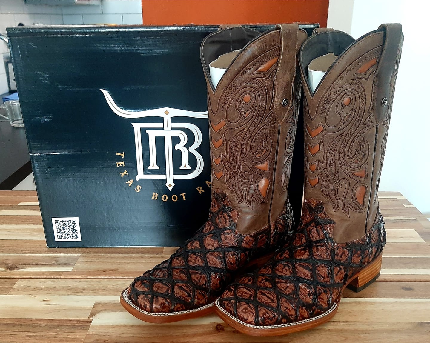 Customer photo review of Cognac Jumbo Pirarucu Leather Boots - Square Toe