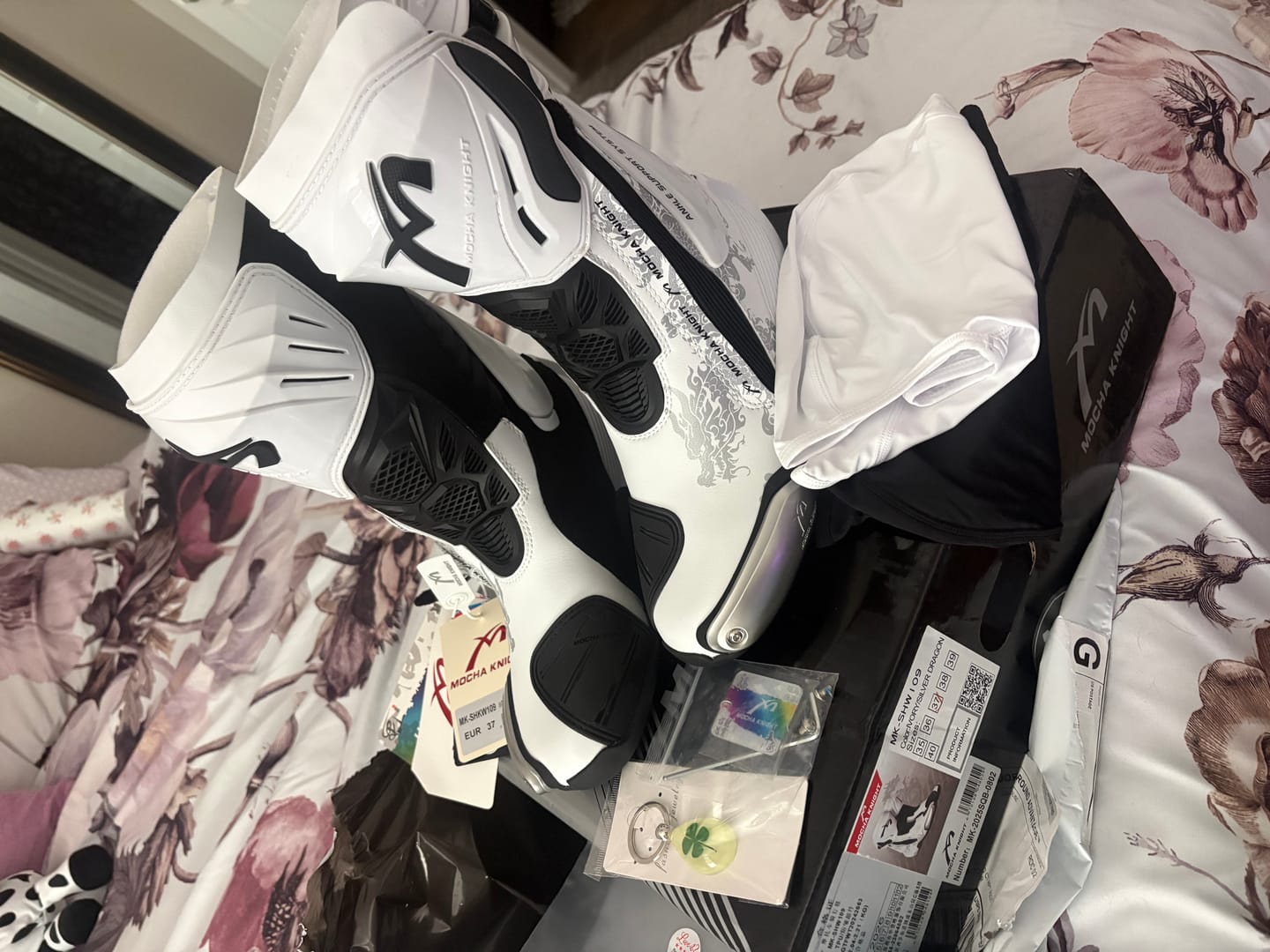 Customer photo review of White Motorcycle Boots – Silver Dragon Edition