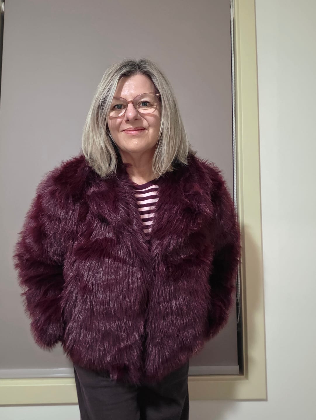 Customer photo review of Maison Layer Faux Fur Jacket in Wine