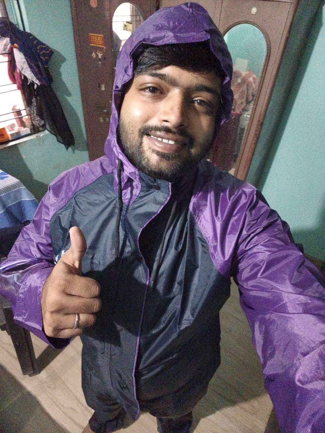 Customer photo review of Navy Blue with Violet - Rain Jacket with Pant and Mobile Pouch