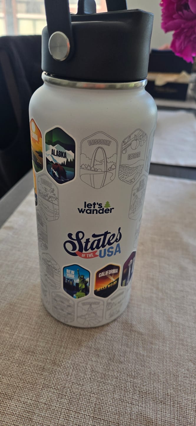 Customer photo review of Lets Wander™ 50 States Of The USA Water Bottle + Stickers