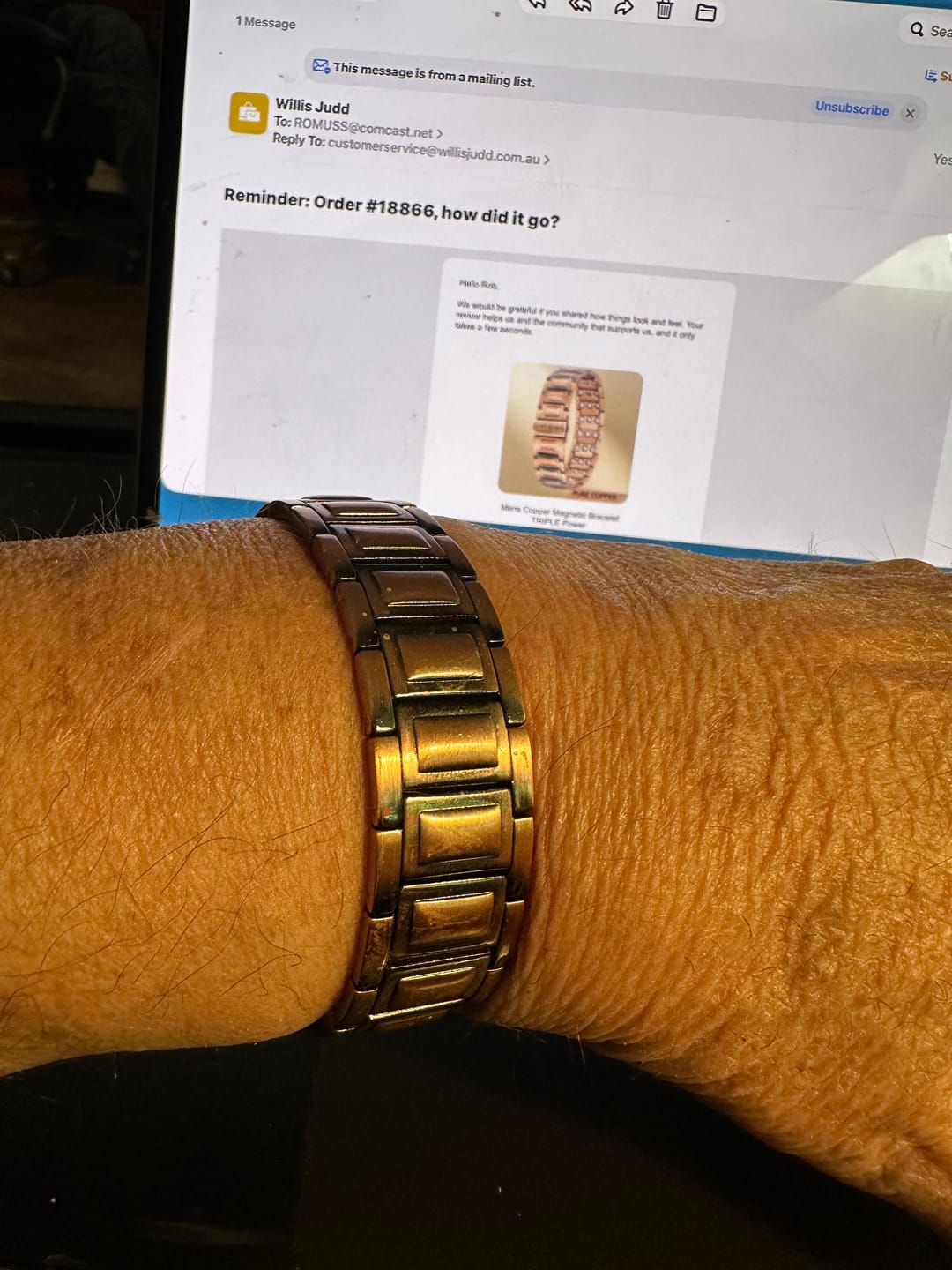 Customer photo review of Mens Copper Magnetic Bracelet TRIPLE Power