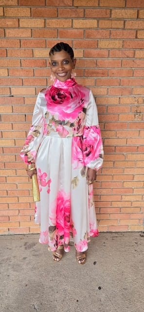 Customer photo review of A-Line Long Sleeves Elasticity Flower Print Pleated Mock Neck Maxi Dresses