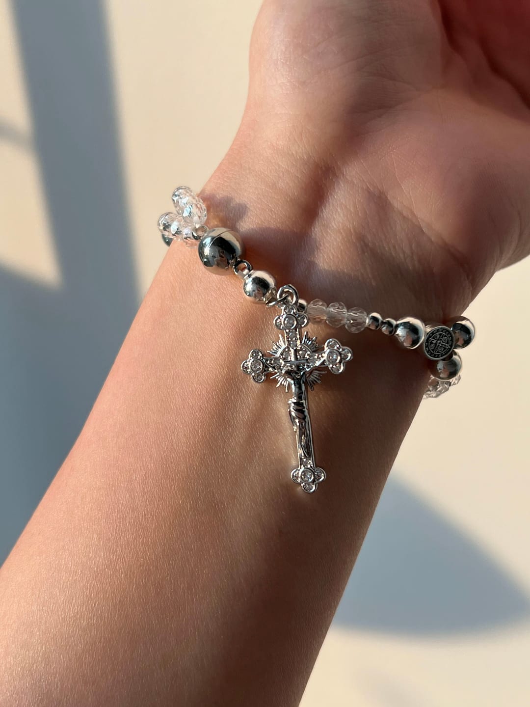 Customer photo review of SolaceBeads Clear Crystal Rosary Bracelet With Rhinestone Studded Cross: Sparkling Devotion