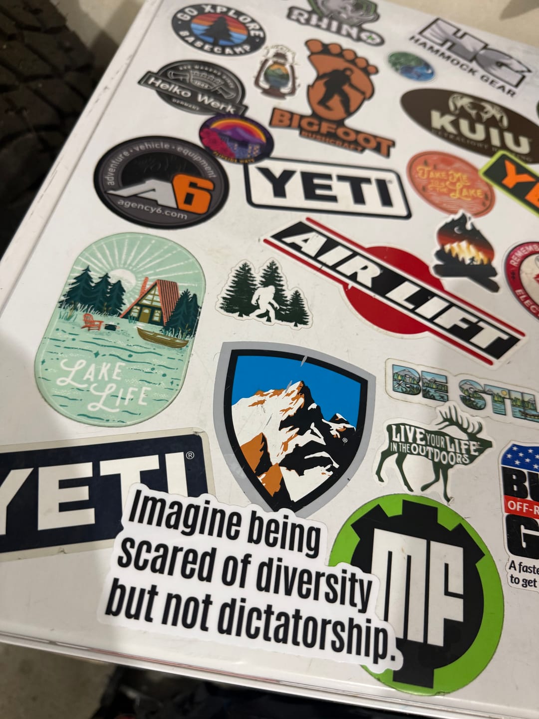 Customer photo review of Imagine Being Scared of Diversity But Not Dictatorship Black/White Die Cut STICKER