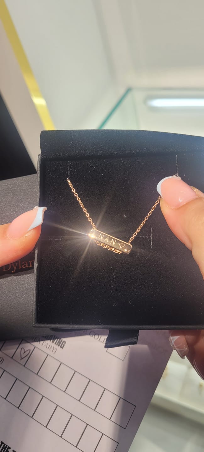 Customer photo review of 2cm Letter Bar Necklace in Rose Gold Horizontal