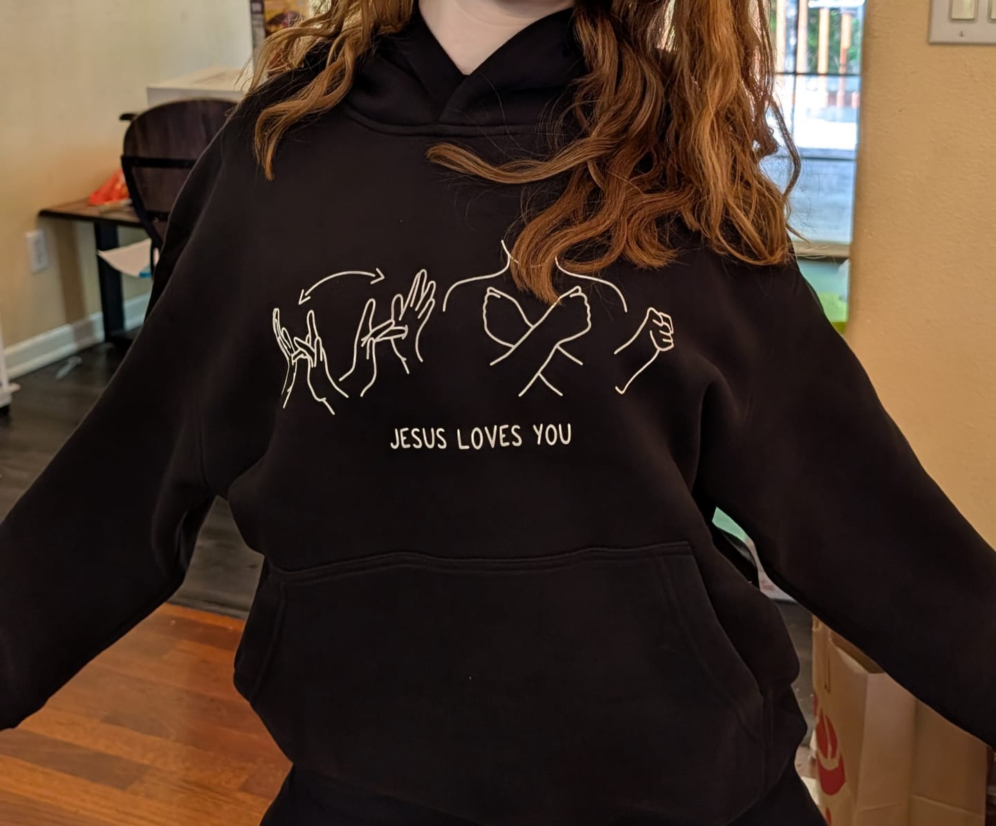 Customer photo review of JESUS LOVES YOU ASL HOODIE