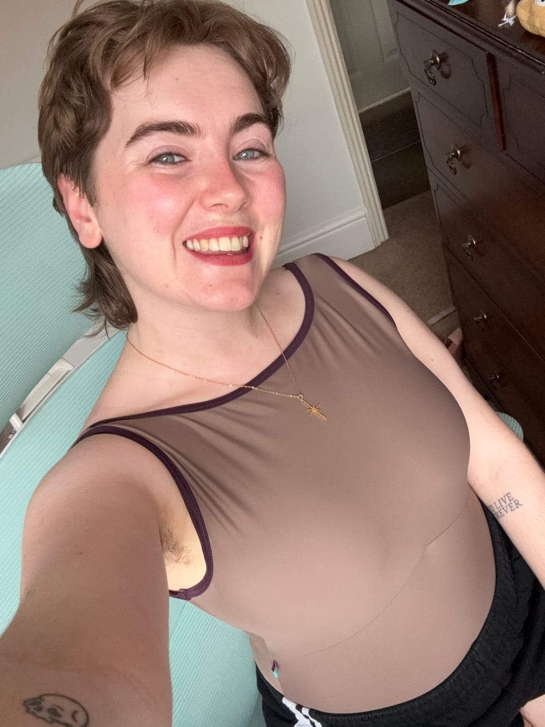 Customer photo review of Mersey Sleeveless Boatneck Leotard - Mocha with Cherry Noir trim