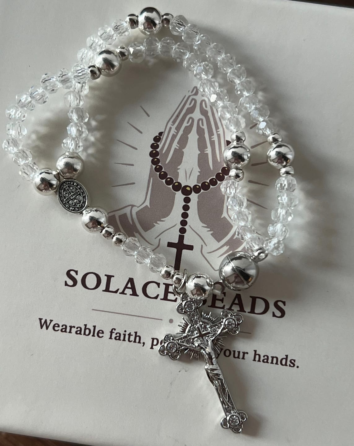 Customer photo review of SolaceBeads Clear Crystal Rosary Bracelet With Rhinestone Studded Cross: Sparkling Devotion