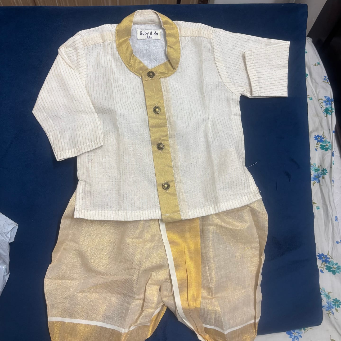 Customer photo review of White with gold Kurta and Reshme Beige gold Dhoti for baby boy
