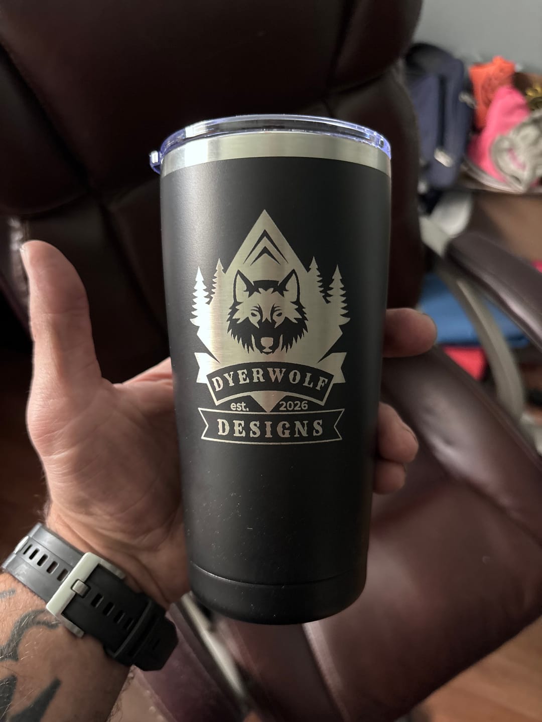 Customer photo review of $5 Sample - Custom 20 oz Tumbler with your Business Logo Engraved - Great Test Before Bulk Volume Order!