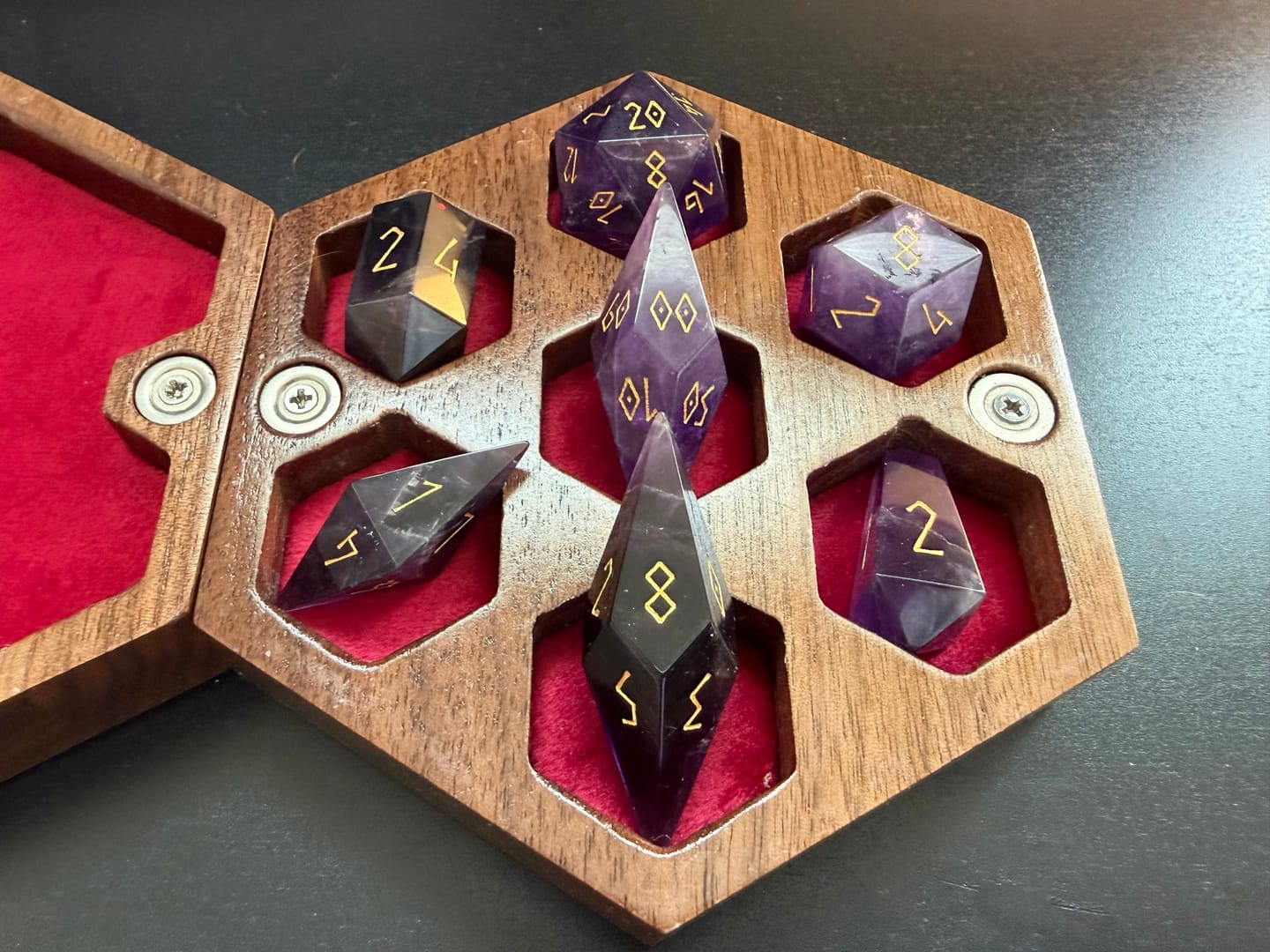 Customer photo review of URWizards D&D Amethyst Gemstone Dice Set Crystal Shape