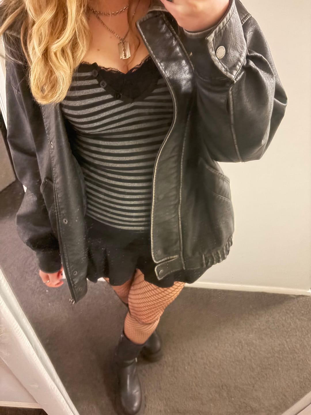 Customer photo review of Sabrina Henley Black Grey Stripe Fitted Top