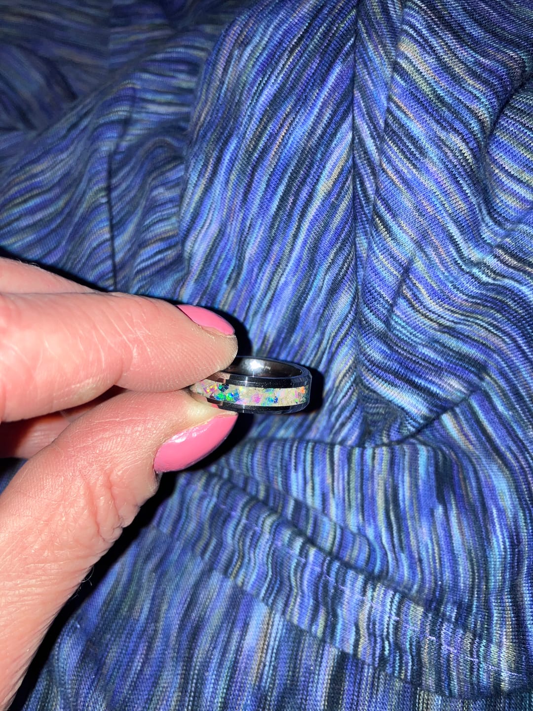 Customer photo review of Tungsten Opal Ring with Cremation Ashes