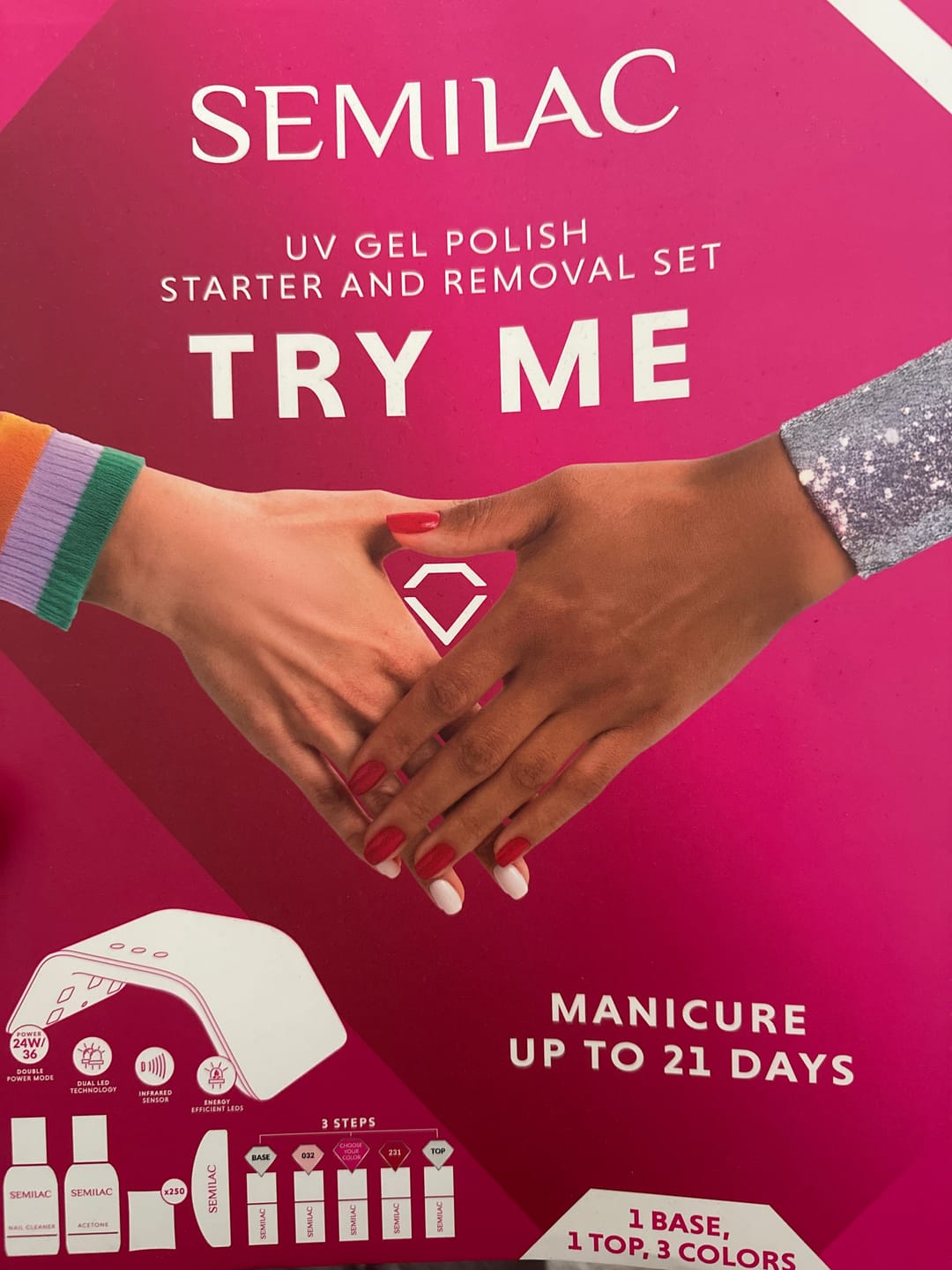 Customer photo review of Semilac UV Gel Polish Starter Set TRY ME 36W Lamp - 3 Full Size Colours Included!