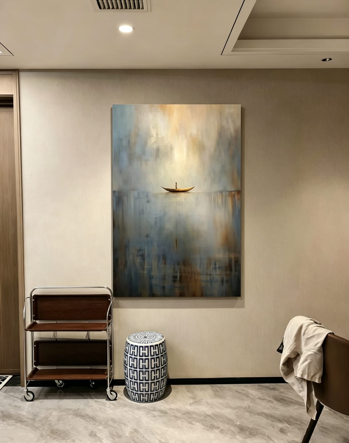 Customer photo review of Still Passage – Surreal Abstract Boat Painting Calm Minimalist Wall Art