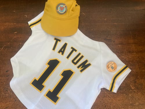 Reviewer's custom white dog jersey with black and gold stitched lettering showing 'TATUM' and the number '11' on the back.