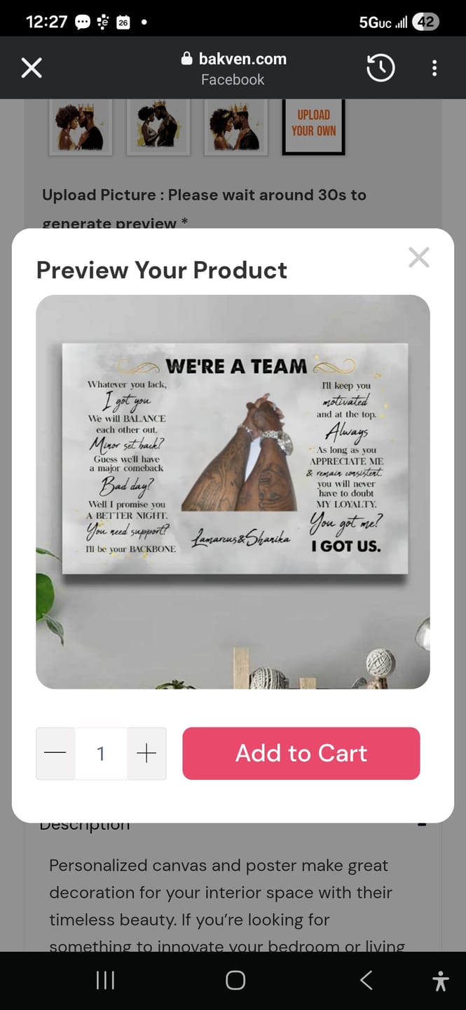 Customer photo review of We're A Team I Got Us Black African Couple - Personalized Wrapped Poster