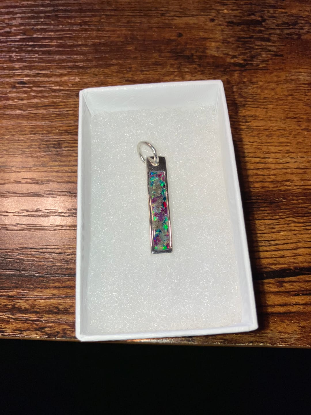 Customer photo review of Opal Bar Cremation Pendant - Engravable