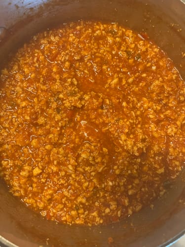 Close-up of a customer's pot of simmering sloppy joe filling, which they made with ground chicken.
