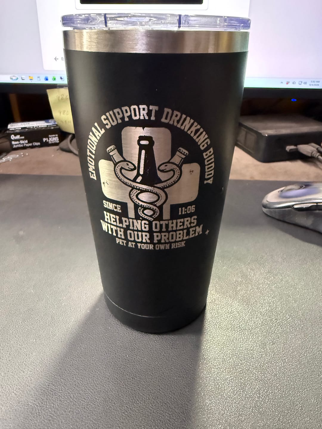 Customer photo review of $5 Sample - Custom 20 oz Tumbler with your Business Logo Engraved - Great Test Before Bulk Volume Order!