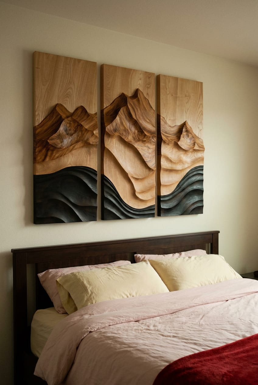 Customer photo review of Three Panel Wood Wall Art With Mountain Wave Relief Design