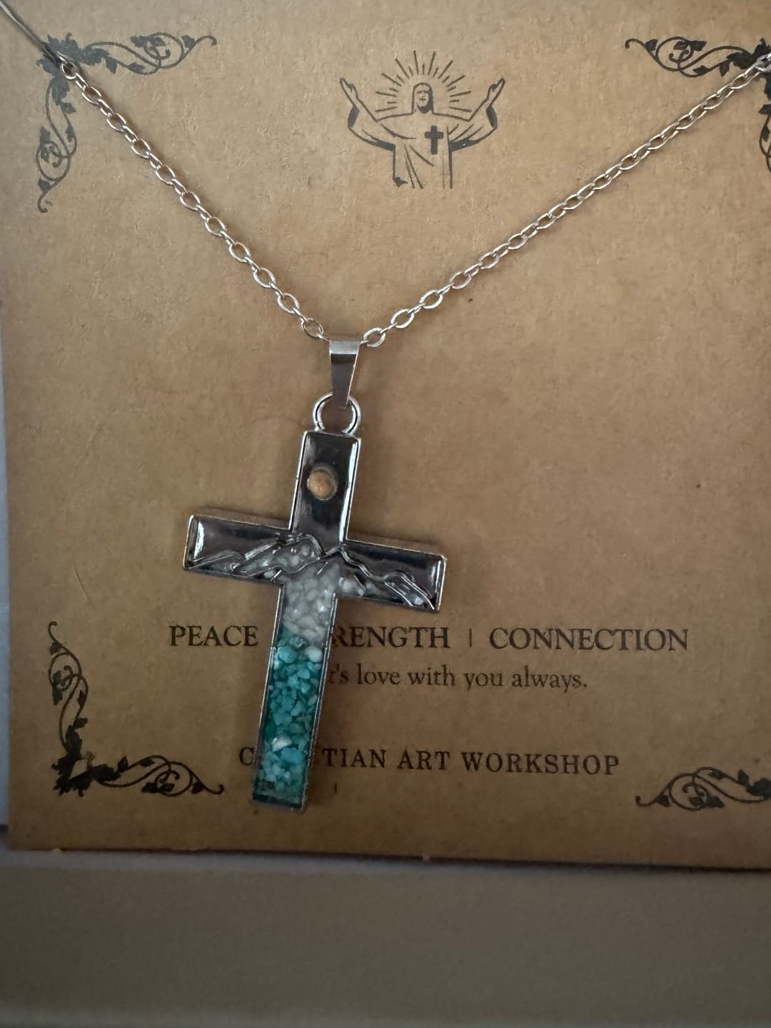 Customer photo review of FREE Today: Mustard Seed Crescent Moon & Cross Necklace: Turquoise Inlay & Silver-Tone Design