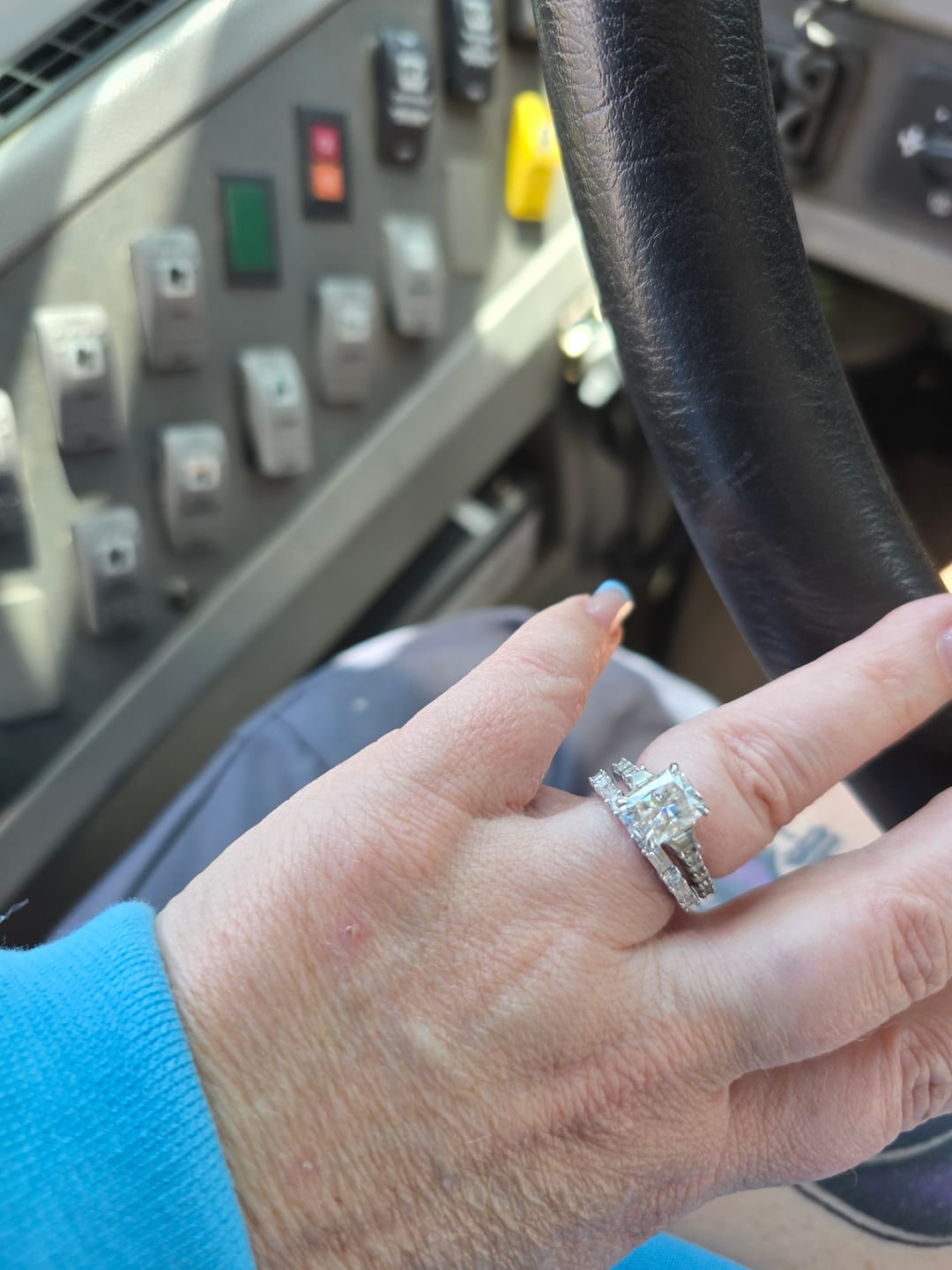 Customer photo review of Alternating Baguette and Round Moissanite Half Eternity Wedding Band