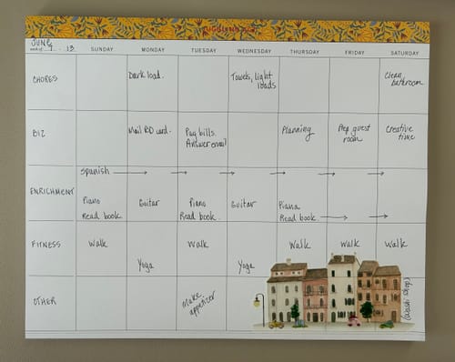 A customer's organized Juggling Act Weekly Notepad showing handwritten weekly tasks for chores, biz, and fitness.