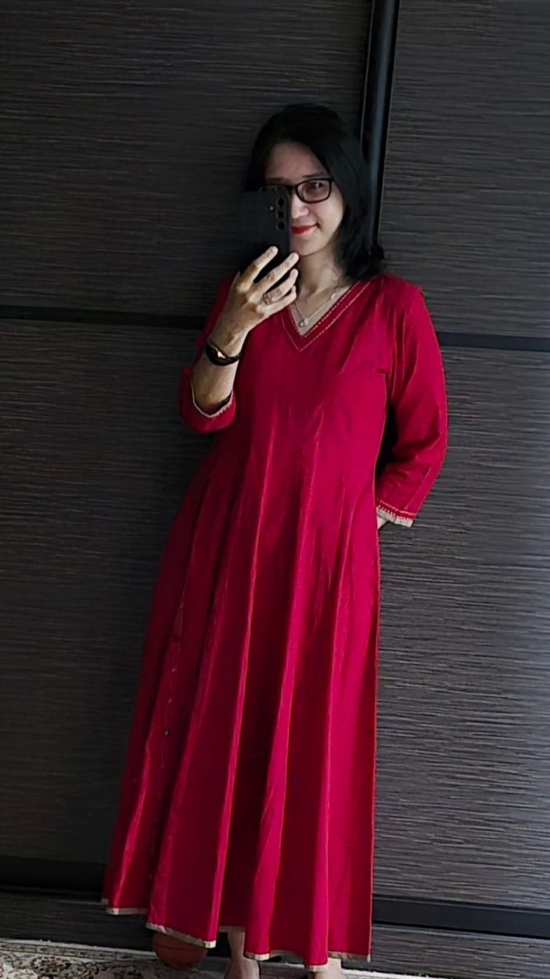 Customer photo review of Cayenne Red Essence Cotton Long Maxi Dress With Sleeves