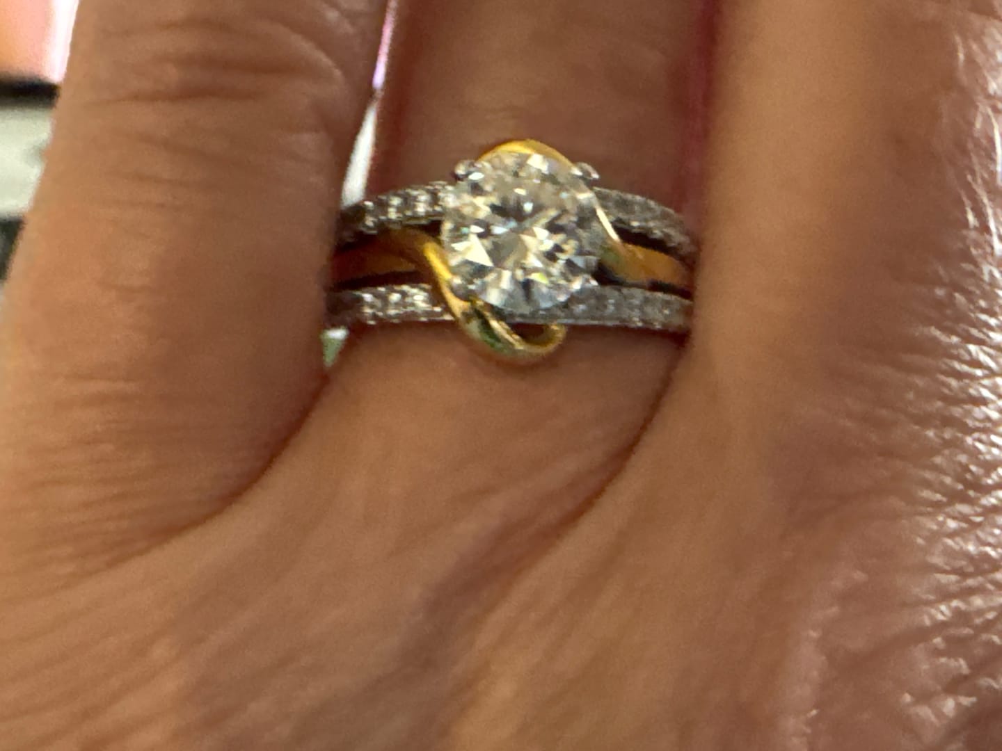 Customer photo review of Round Moissanite Two Tone Vine Split Shank Pave Engagement Ring