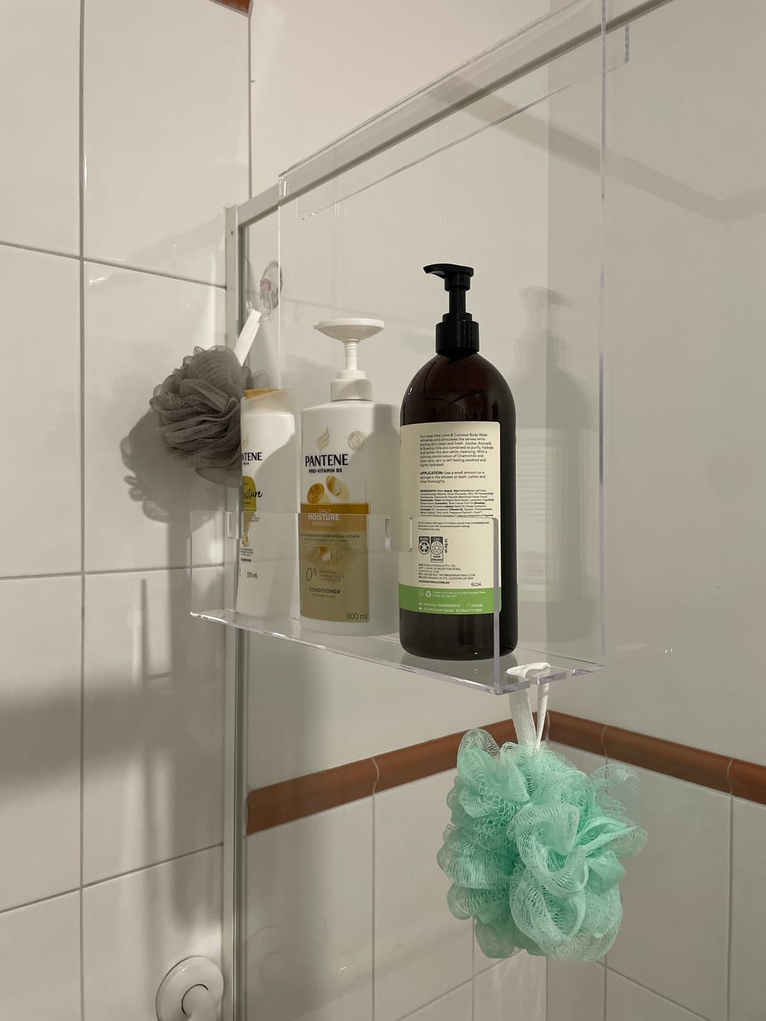 Customer photo review of Clear Acrylic Shower Shelf