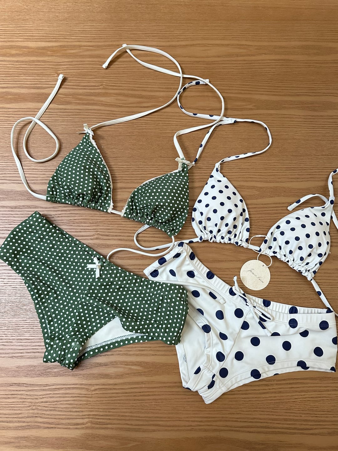 Customer photo review of Crystal Cream Vintage Polka Dot Reversible Halter Triangle Bikini Set