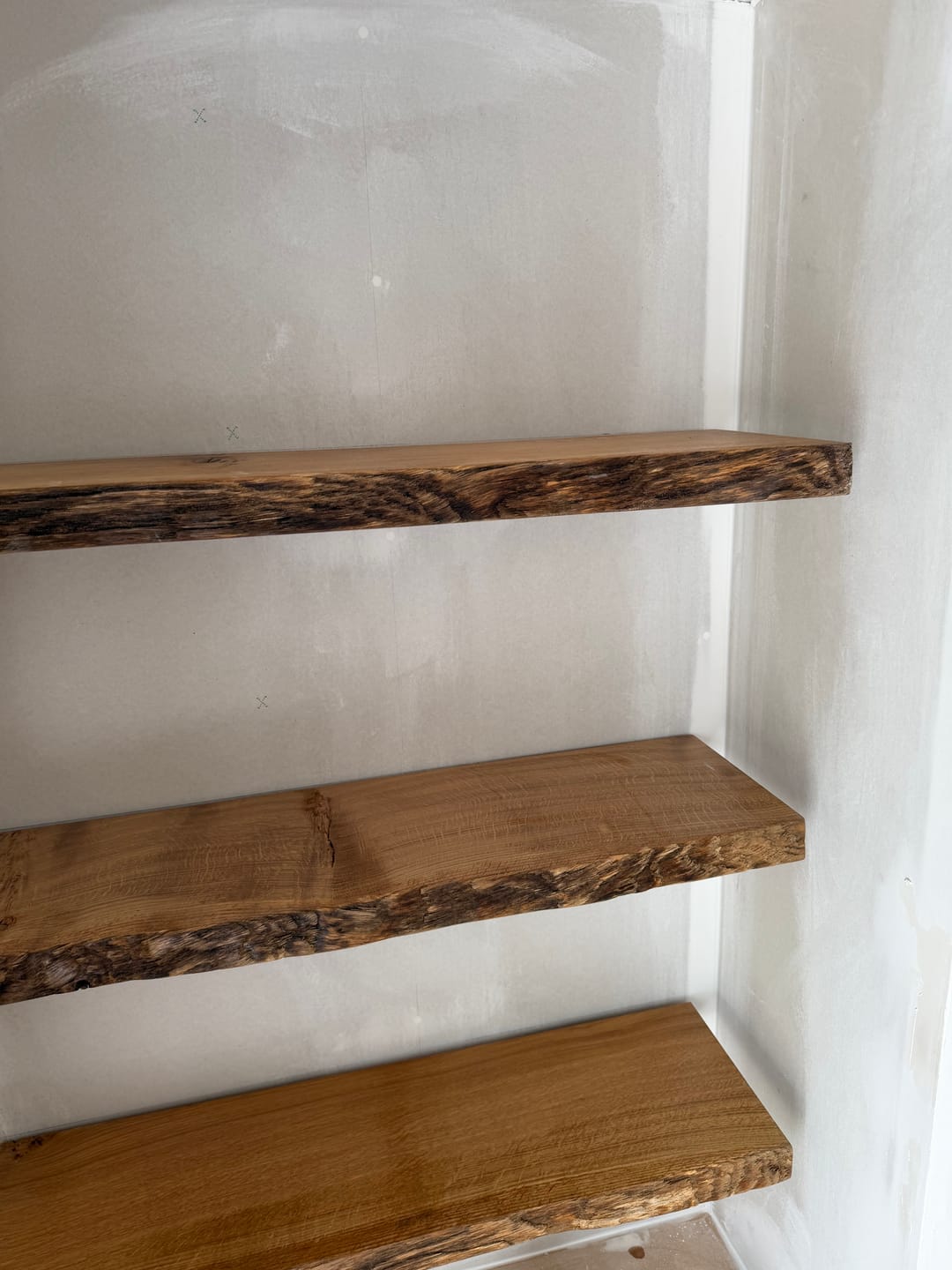 Customer photo review of Chunky Live Edge Character Oak Floating Shelves