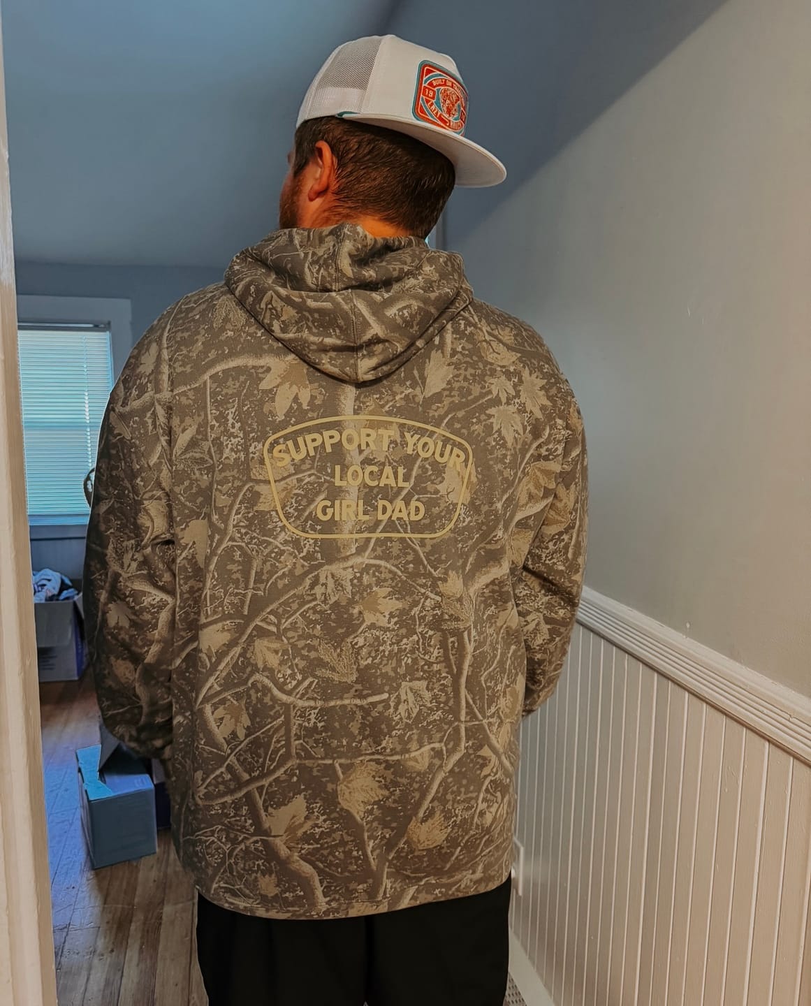 Customer photo review of Support Your Local Girl Dad Hoodie (Tree Camo Edition)