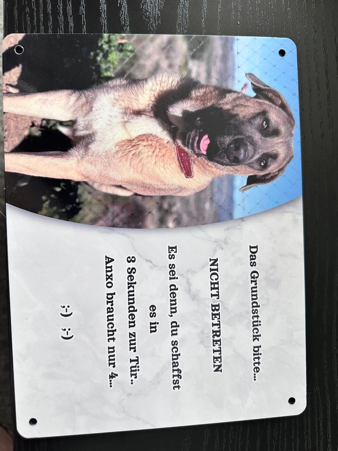 Customer photo review of Hunde-Türschild personalisiert mit Foto & Text (UV- und wetterfest)