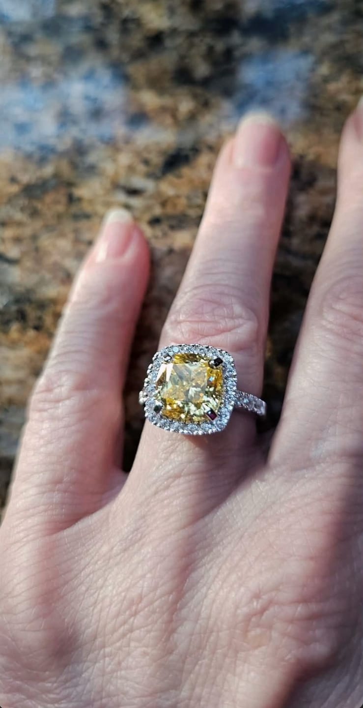 Customer photo review of Halo Canary Yellow Cushion CZ Ring in Sterling Silver