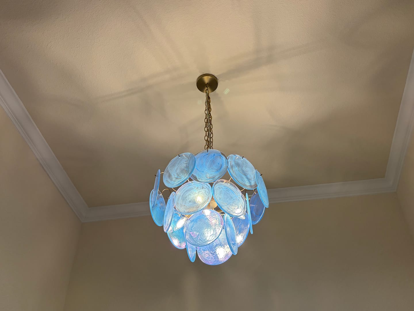 Customer photo review of Glam Blue Iridescent Swirl Glass Round Tiered Chandelier