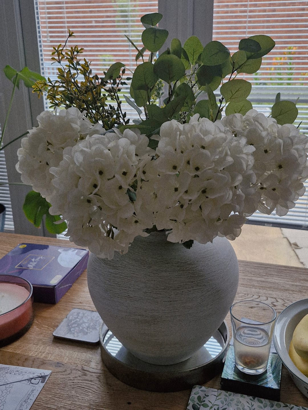 Customer photo review of Faux Arrangement - Eucalyptus & White Hydrangea