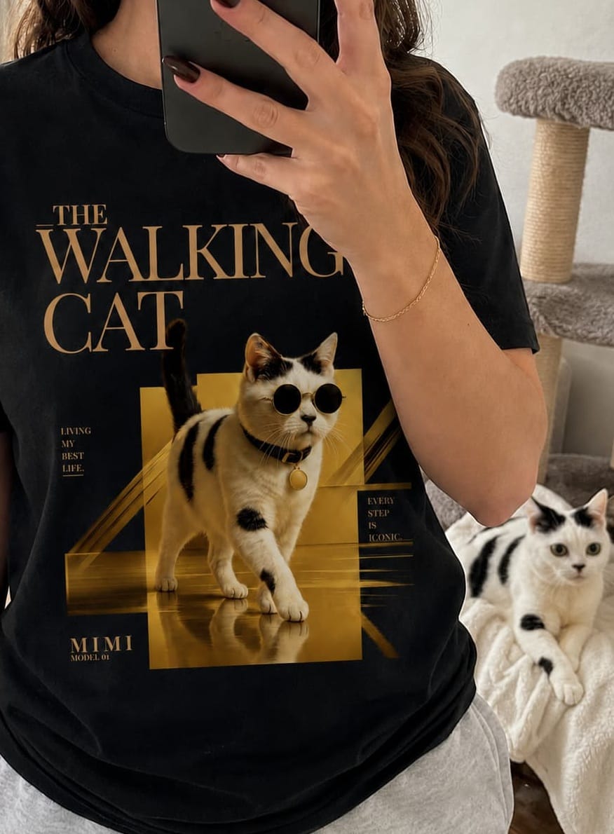 Customer photo review of Walking Cat T-Shirt - Eigenes Foto + Name